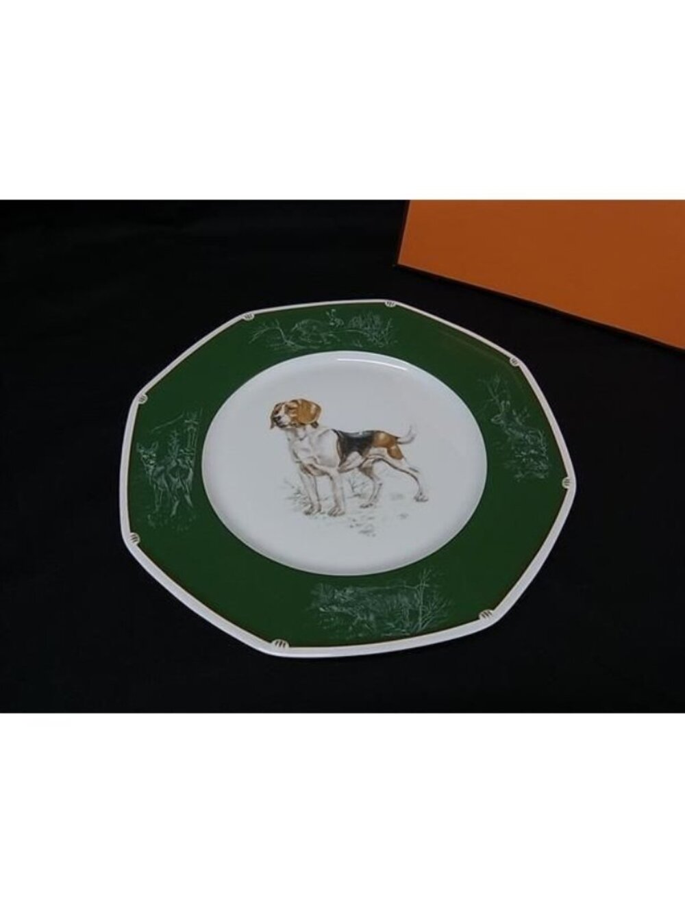 Hermes Chass Beagle Plate Tableware Green White